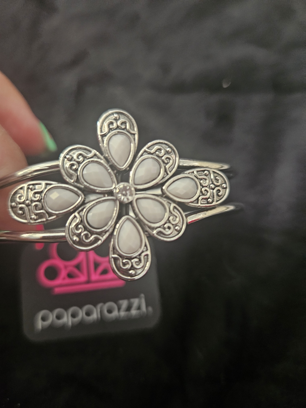 Paparazzi Silver Tone White Floral Cuff Bracelet